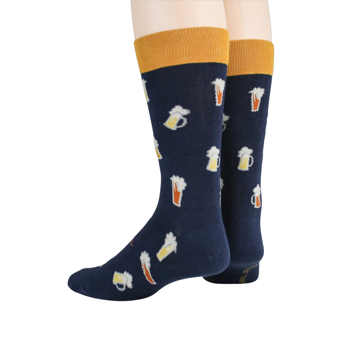 Back view of a pair of navy blue Beer Stein socks showing the design on the heel and cuff.