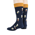 Back view of a pair of navy blue Beer Stein socks showing the design on the heel and cuff.