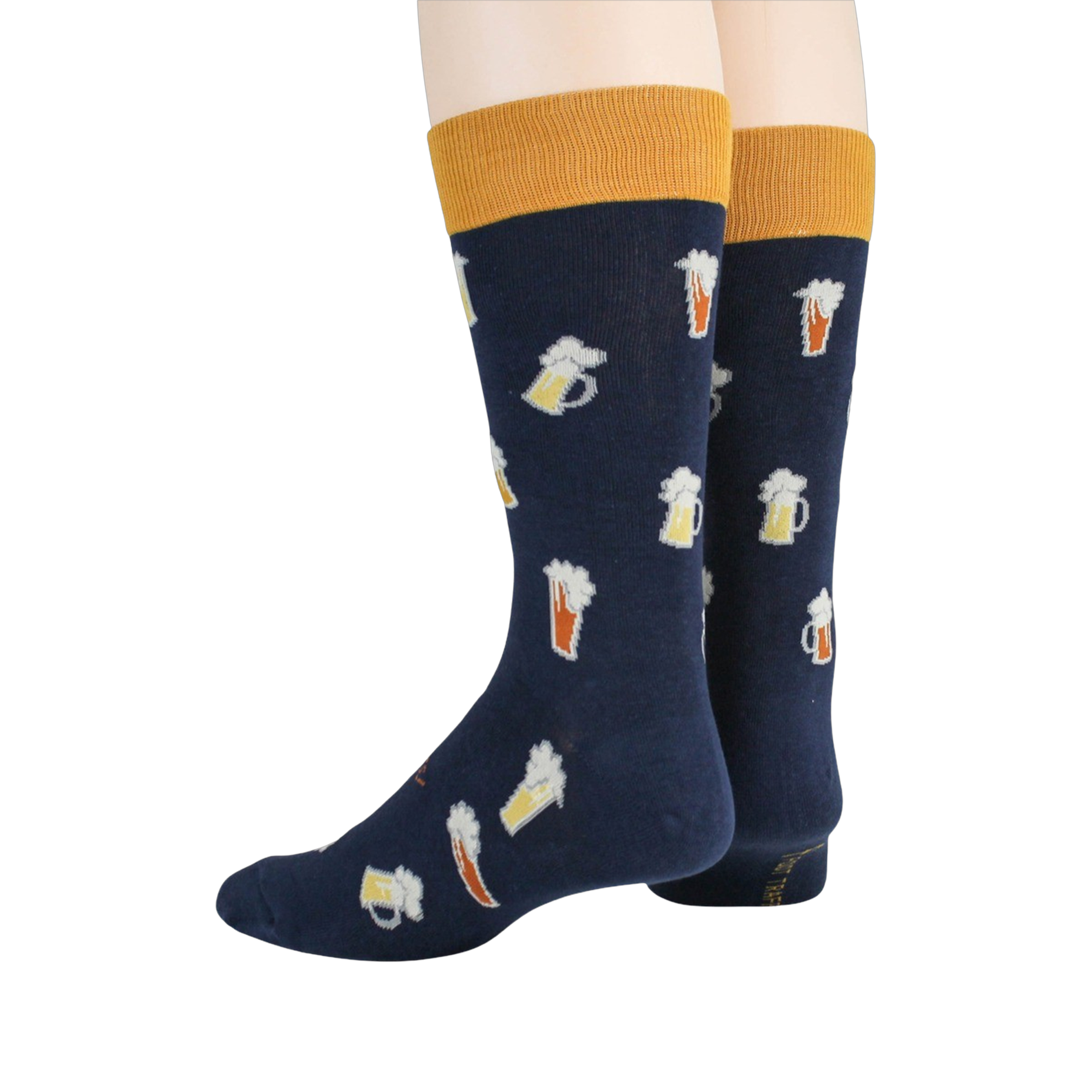 Back view of a pair of navy blue Beer Stein socks showing the design on the heel and cuff.