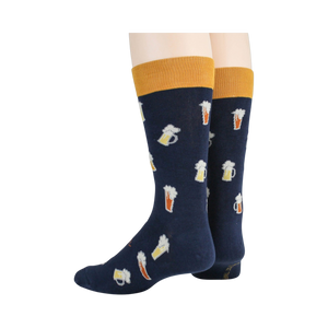 Back view of a pair of navy blue Beer Stein socks showing the design on the heel and cuff.