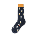 Close-up of a navy blue crew sock with a pattern of colorful beer steins. The sock cuff is mustard yellow.