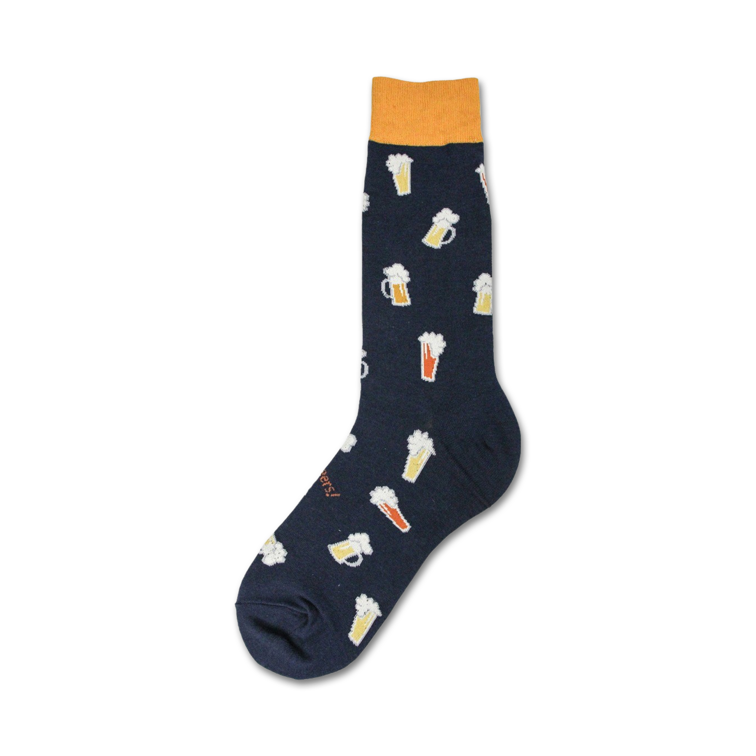 Close-up of a navy blue crew sock with a pattern of colorful beer steins. The sock cuff is mustard yellow.