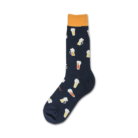 mens' dark blue crew socks with an allover pattern of orange, yellow, and white beer steins.  