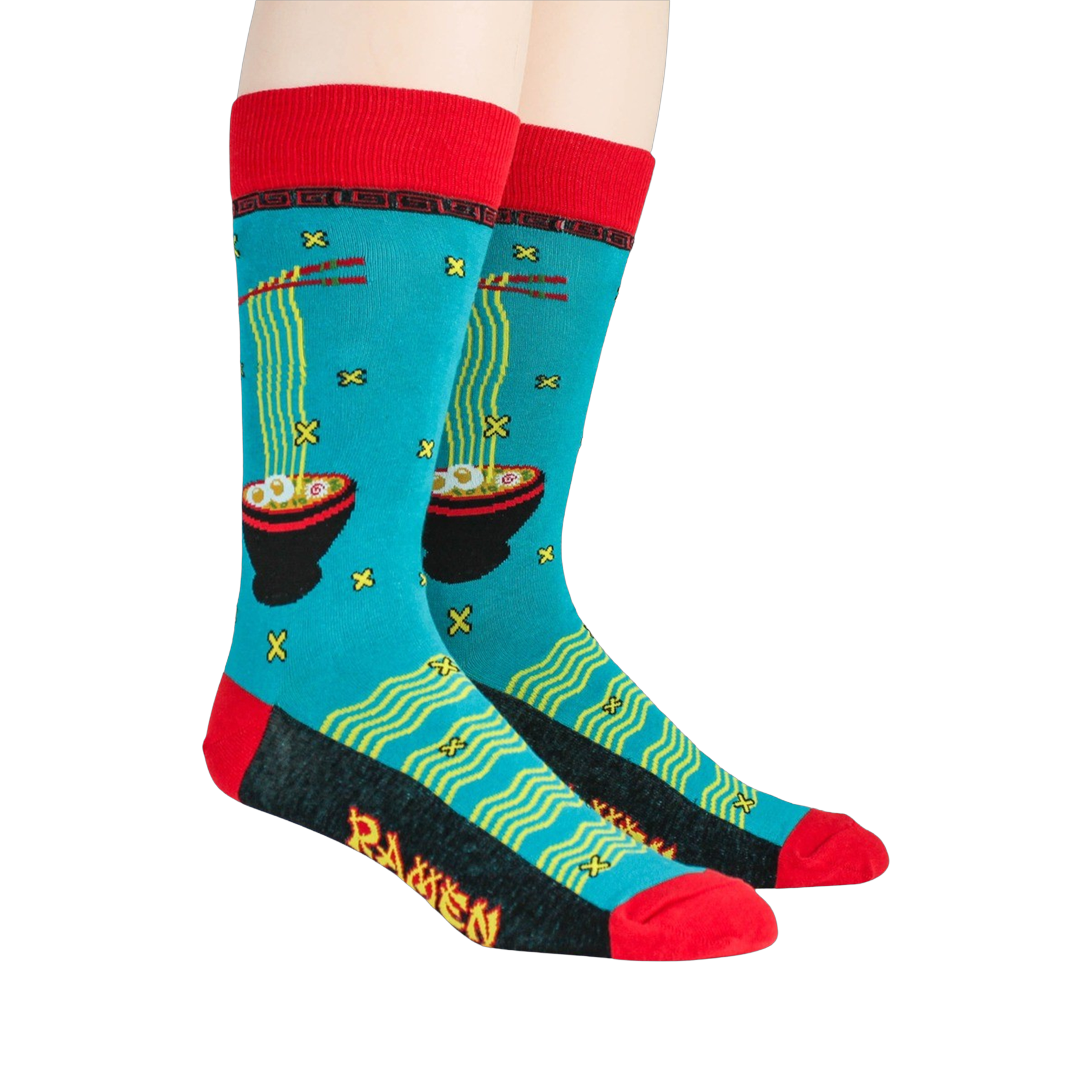 Lifestyle shot of a person wearing a pair of teal Ramen socks with red cuffs and black detailing.