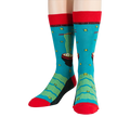 Flat lay product shot showing a pair of teal Ramen socks with red cuffs and black detailing.