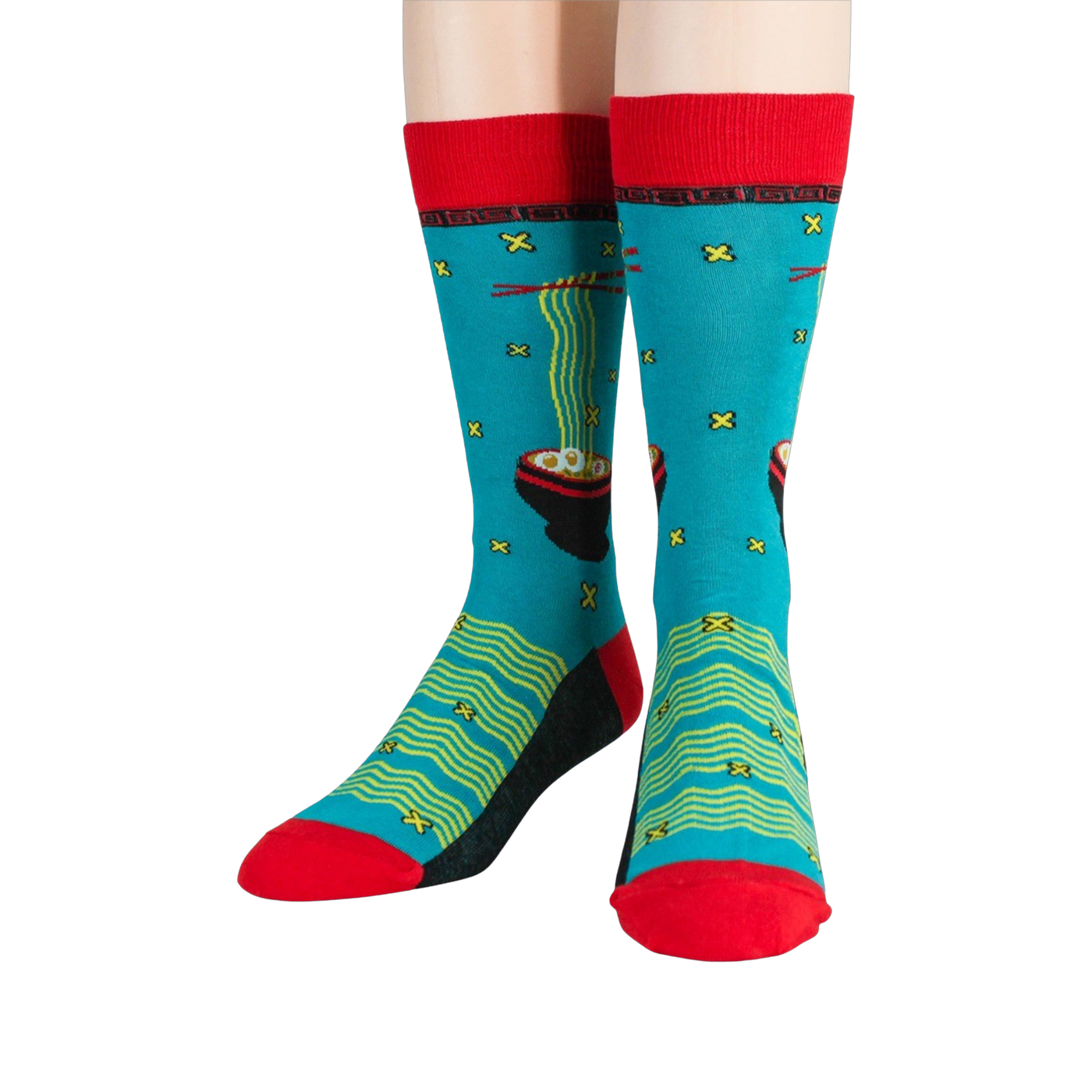 Flat lay product shot showing a pair of teal Ramen socks with red cuffs and black detailing.