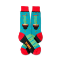 Pair of teal crew socks with a red cuff, featuring a ramen noodle bowl design. Chopsticks and noodle details add to the vibrant, fun look.
