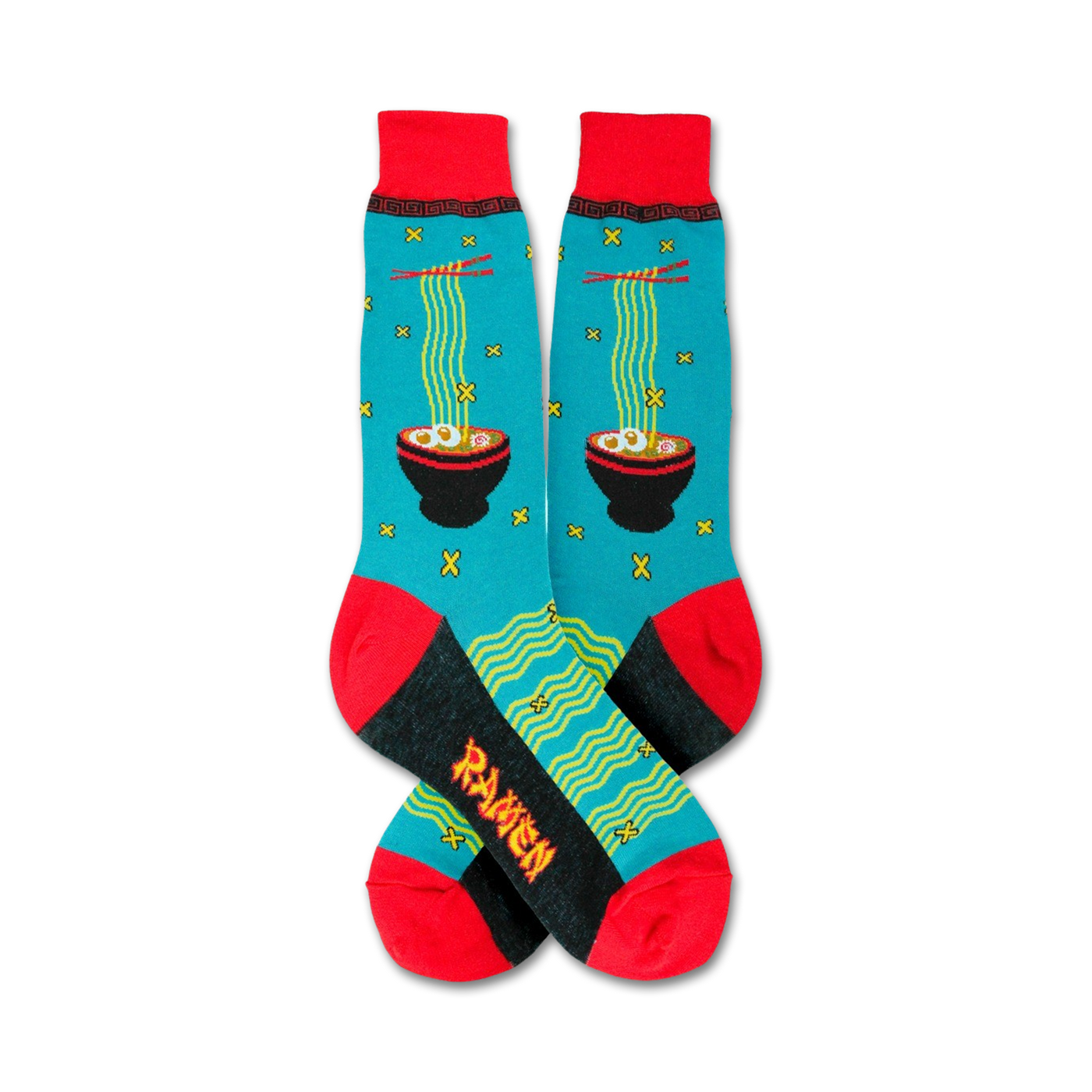 Pair of teal crew socks with a red cuff, featuring a ramen noodle bowl design. Chopsticks and noodle details add to the vibrant, fun look.