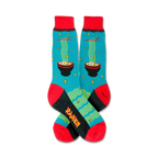 Pair of teal crew socks with a red cuff, featuring a ramen noodle bowl design. Chopsticks and noodle details add to the vibrant, fun look.