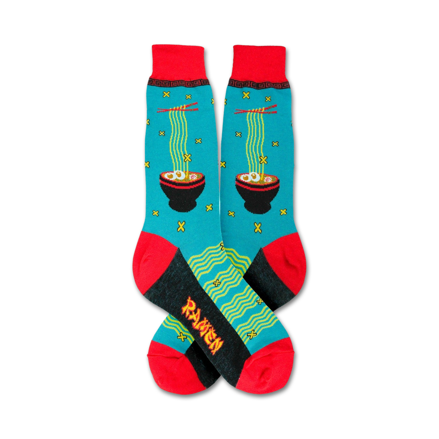 Pair of teal crew socks with a red cuff, featuring a ramen noodle bowl design. Chopsticks and noodle details add to the vibrant, fun look.