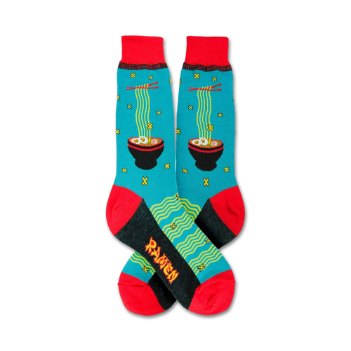 Pair of teal crew socks with a red cuff, featuring a ramen noodle bowl design. Chopsticks and noodle details add to the vibrant, fun look.