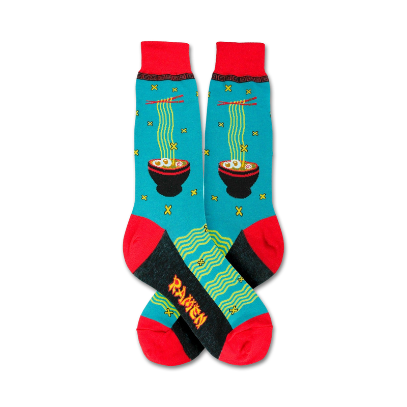 Pair of teal crew socks with a red cuff, featuring a ramen noodle bowl design. Chopsticks and noodle details add to the vibrant, fun look.