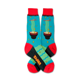 blue crew socks with pattern of ramen bowls. red toe and heel with yellow and green geometric shapes.  