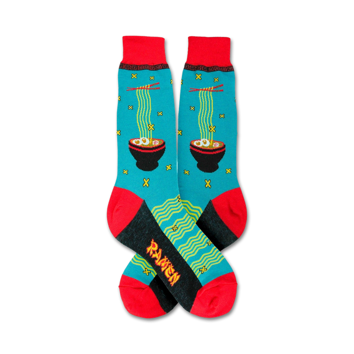 blue crew socks with pattern of ramen bowls. red toe and heel with yellow and green geometric shapes.  