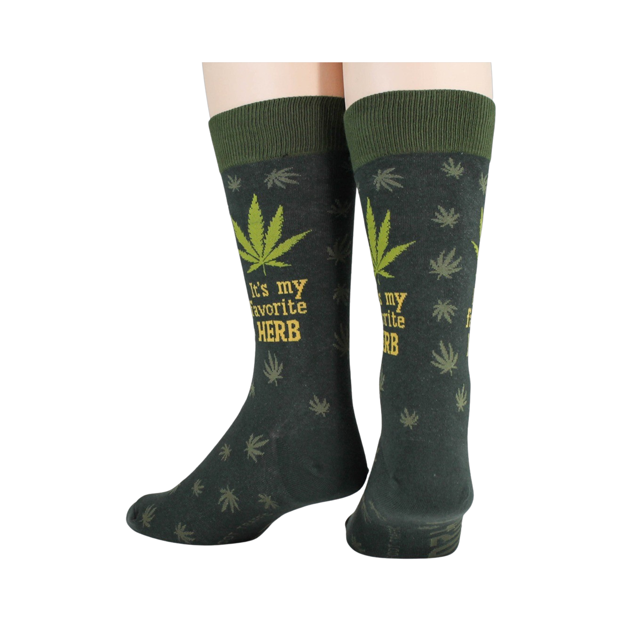 Close-up detail shot of the marijuana leaf and 'It's my favorite herb' text on the socks.