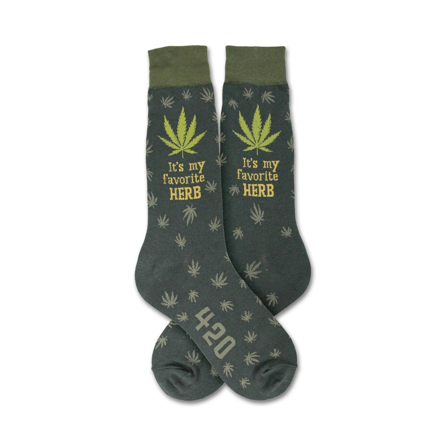 Pair of dark-green crew socks with a repeating cannabis leaf pattern, 'It's my favorite HERB' text, and '420' detail.