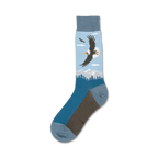 Single blue crew sock showcasing a detailed image of a bald eagle in flight over mountains.