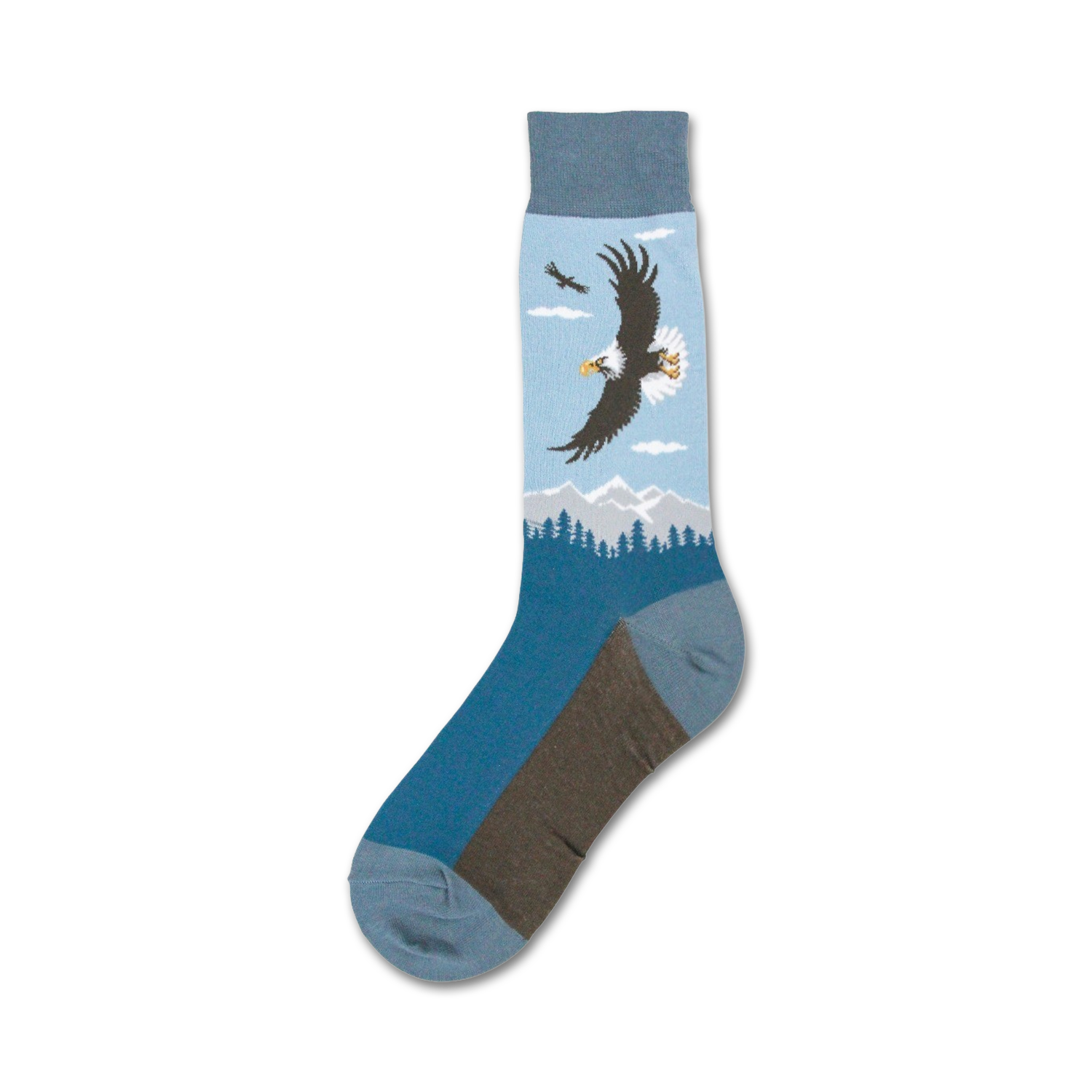 Single blue crew sock showcasing a detailed image of a bald eagle in flight over mountains.