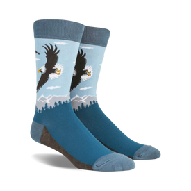 mens crew socks with a blue sky and black and white eagle pattern. ribbed top and cushioned sole.  