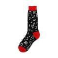 Close-up of a single Dancing Notes sock, showcasing the musical note design and red cuff.