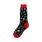 Close-up of a single Dancing Notes sock, showcasing the musical note design and red cuff.