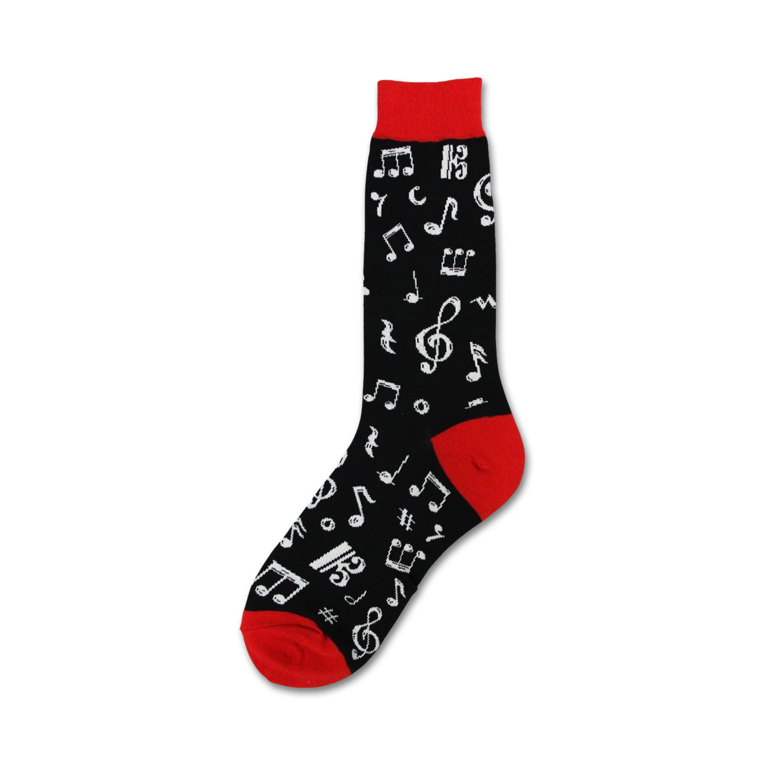 Close-up of a single Dancing Notes sock, showcasing the musical note design and red cuff.