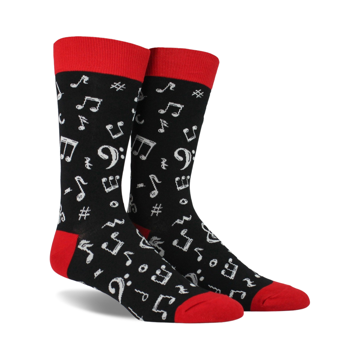 Pair of black crew socks with a red cuff.  White musical notes and symbols are printed all over.