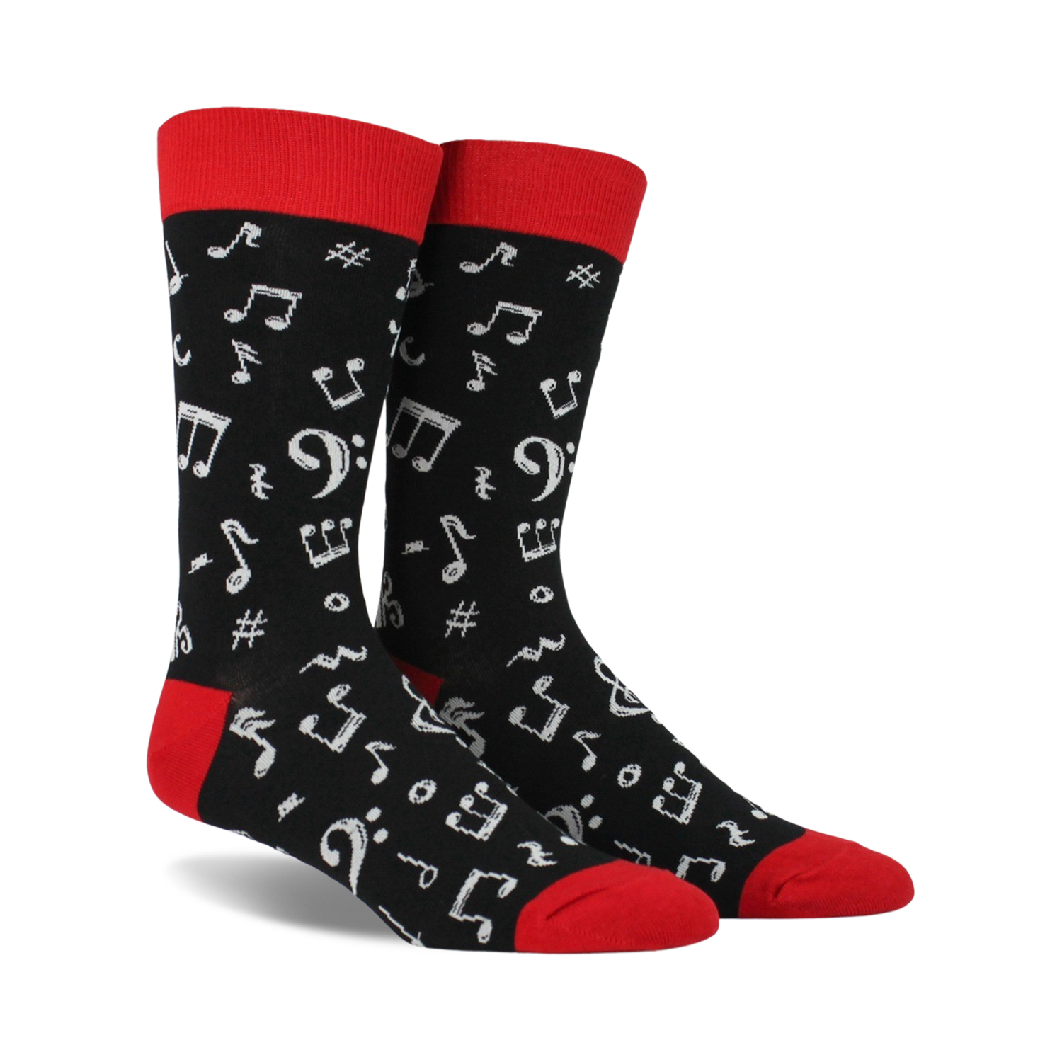 Pair of black crew socks with a red cuff.  White musical notes and symbols are printed all over.