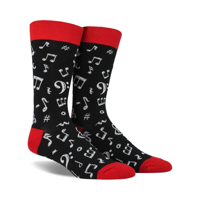 mens crew socks in black with white musical notes pattern, perfect for music lovers.  