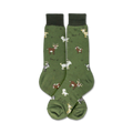 Close-up view of a pair of green crew socks with a goat design, showcasing the 'Bleat it!' text and details of the goat illustrations.