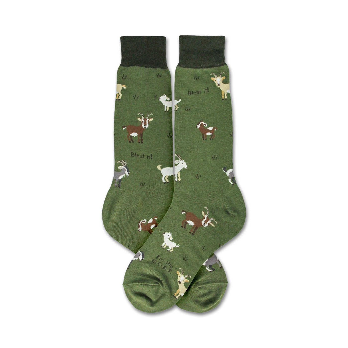 Close-up view of a pair of green crew socks with a goat design, showcasing the 'Bleat it!' text and details of the goat illustrations.