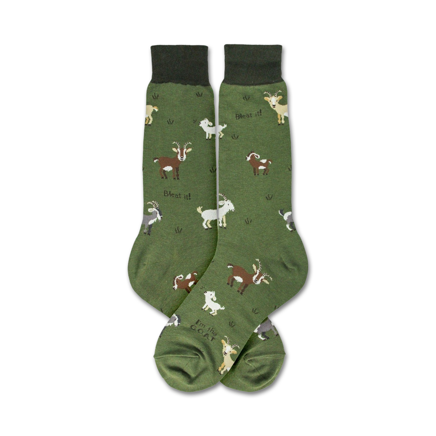 Close-up view of a pair of green crew socks with a goat design, showcasing the 'Bleat it!' text and details of the goat illustrations.