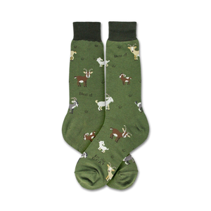 A pair of green socks with a pattern of goats on them. The socks are mid-calf length and have a ribbed top.