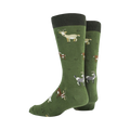 Pair of green crew socks with goat design displayed on a neutral background. This image shows the full sock pattern.