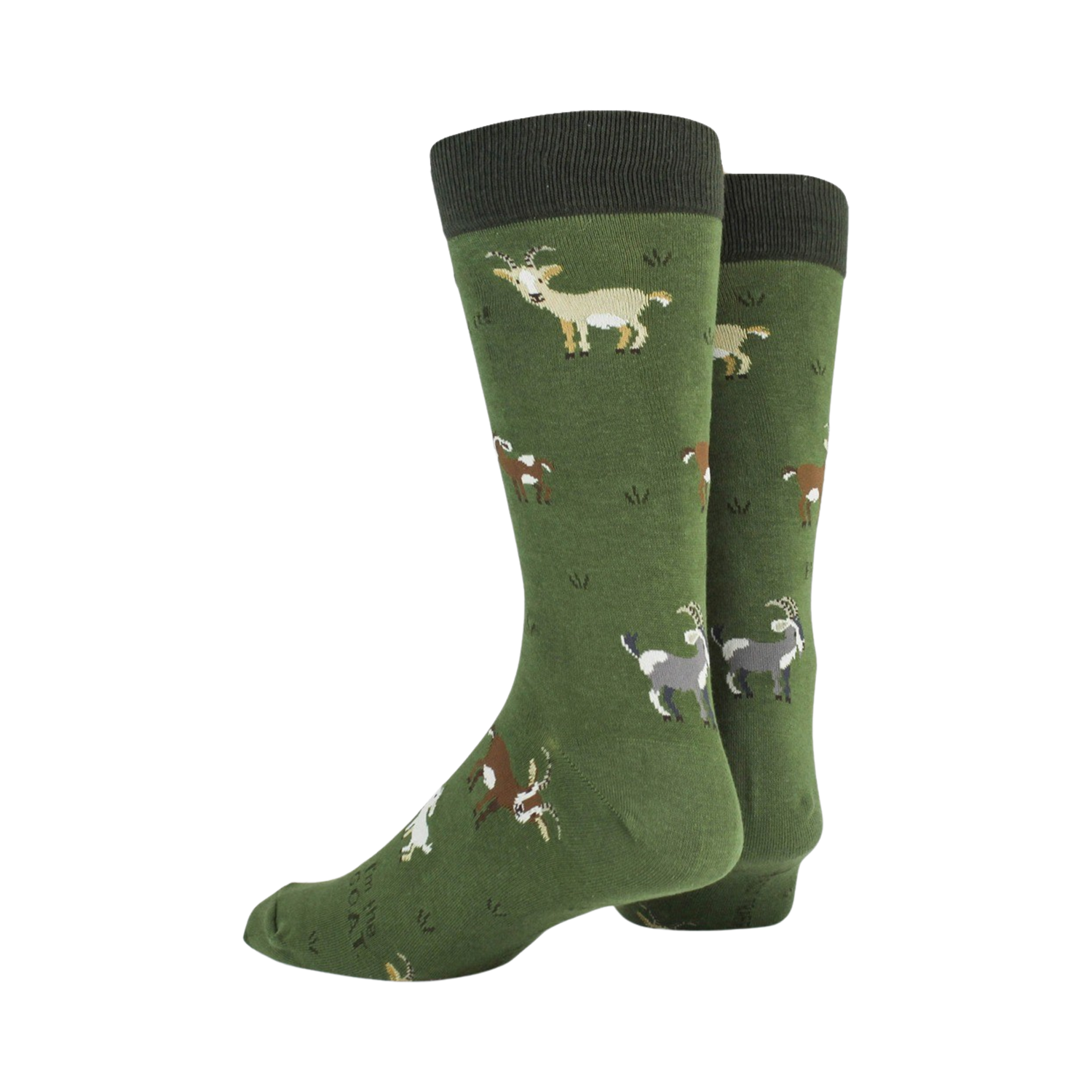 Pair of green crew socks with goat design displayed on a neutral background. This image shows the full sock pattern.
