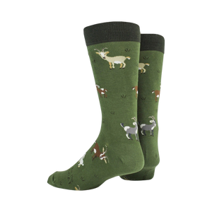 A pair of green socks with a pattern of goats on them. The socks are mid-calf length and have a ribbed top.