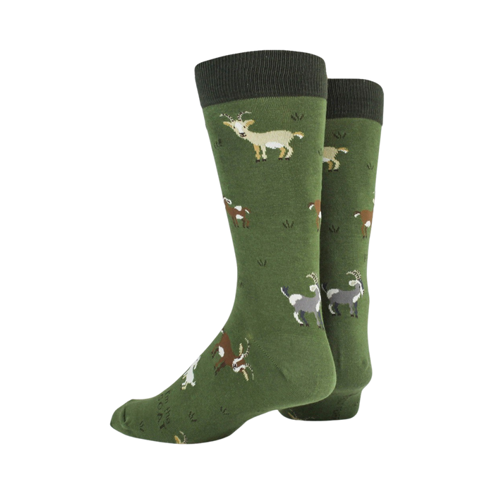 A pair of green socks with a pattern of goats on them. The socks are mid-calf length and have a ribbed top.