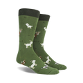 Pair of crew socks in olive green with playful illustrations of goats in various poses and colors, and the phrase 'Bleat it!' repeated throughout.