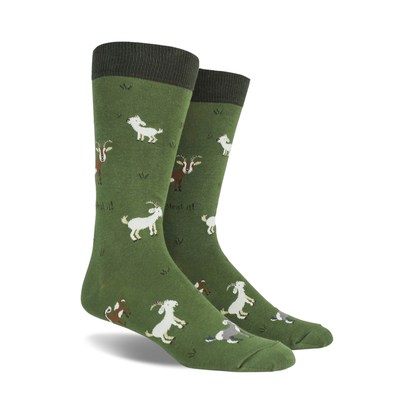 Pair of crew socks in olive green with playful illustrations of goats in various poses and colors, and the phrase 'Bleat it!' repeated throughout.