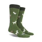Pair of crew socks in olive green with playful illustrations of goats in various poses and colors, and the phrase 'Bleat it!' repeated throughout.