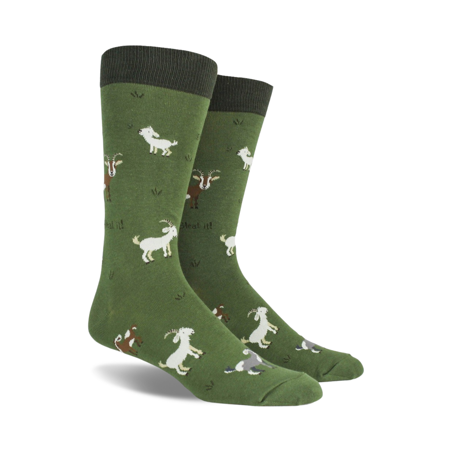 Pair of crew socks in olive green with playful illustrations of goats in various poses and colors, and the phrase 'Bleat it!' repeated throughout.