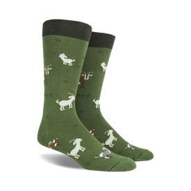 green men's crew socks with white, brown, and gray cartoon goats.   