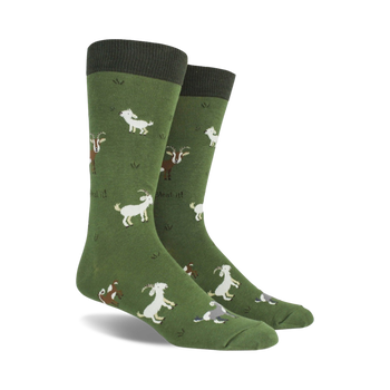 green men's crew socks with white, brown, and gray cartoon goats.   