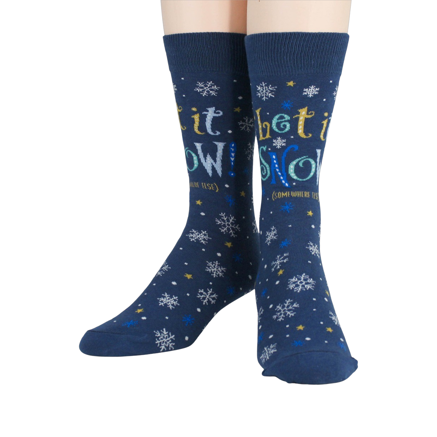 Flat lay showcasing the full design of the 'Let It Snow' socks.
