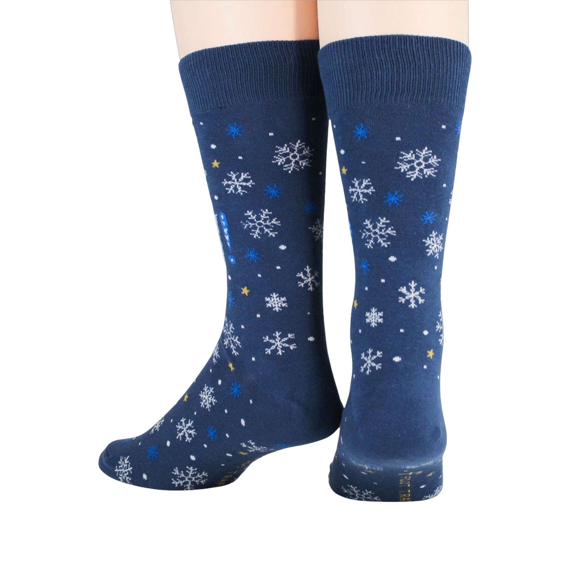 Close-up detail shot highlighting the snowflake and text design on the socks.