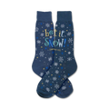 Pair of navy blue crew socks with a snowflake and 'Let It Snow' design in blue, white, and gold text. 