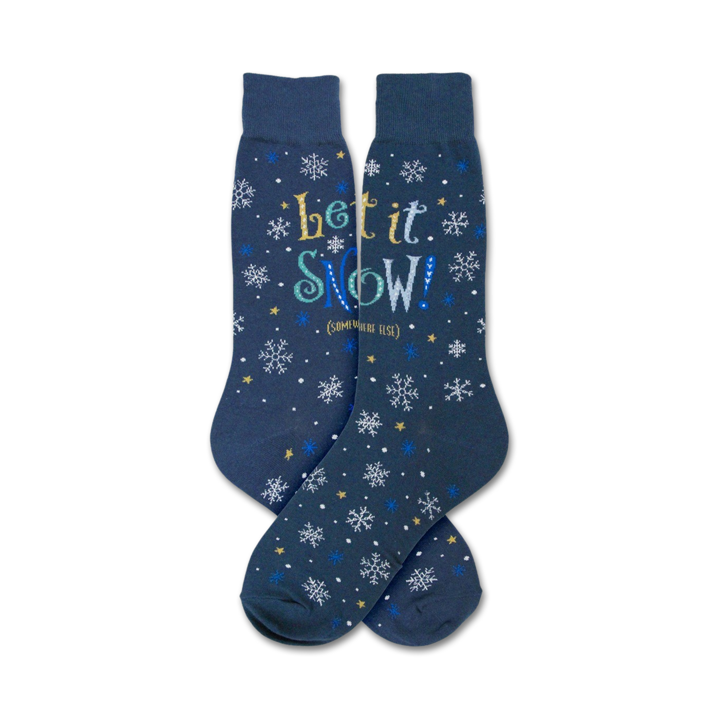 Pair of navy blue crew socks with a snowflake and 'Let It Snow' design in blue, white, and gold text. 