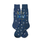 Pair of navy blue crew socks with a snowflake and 'Let It Snow' design in blue, white, and gold text. 