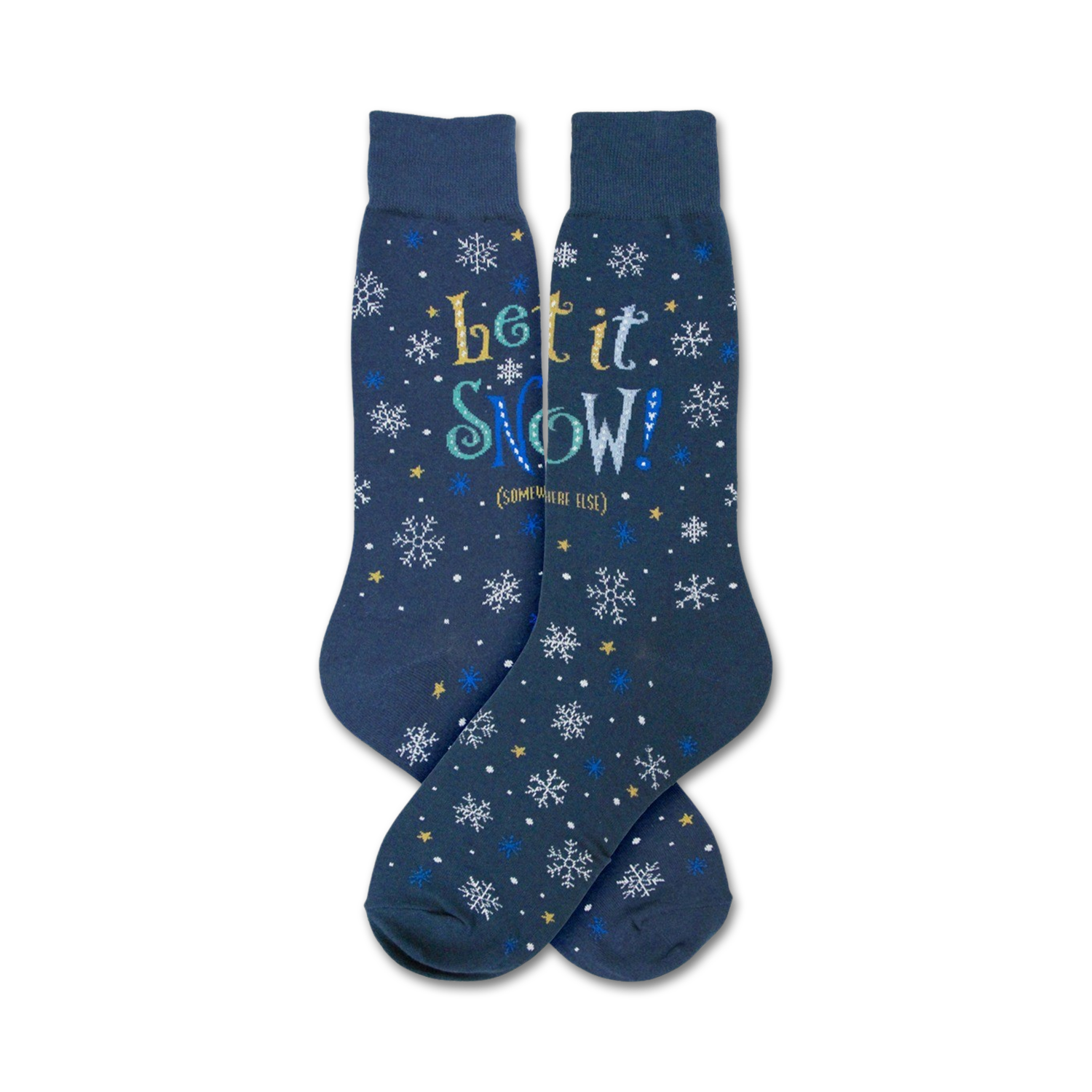 Pair of navy blue crew socks with a snowflake and 'Let It Snow' design in blue, white, and gold text. 