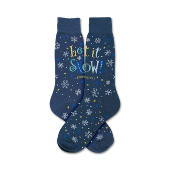 let it snow christmas themed mens blue novelty crew socks